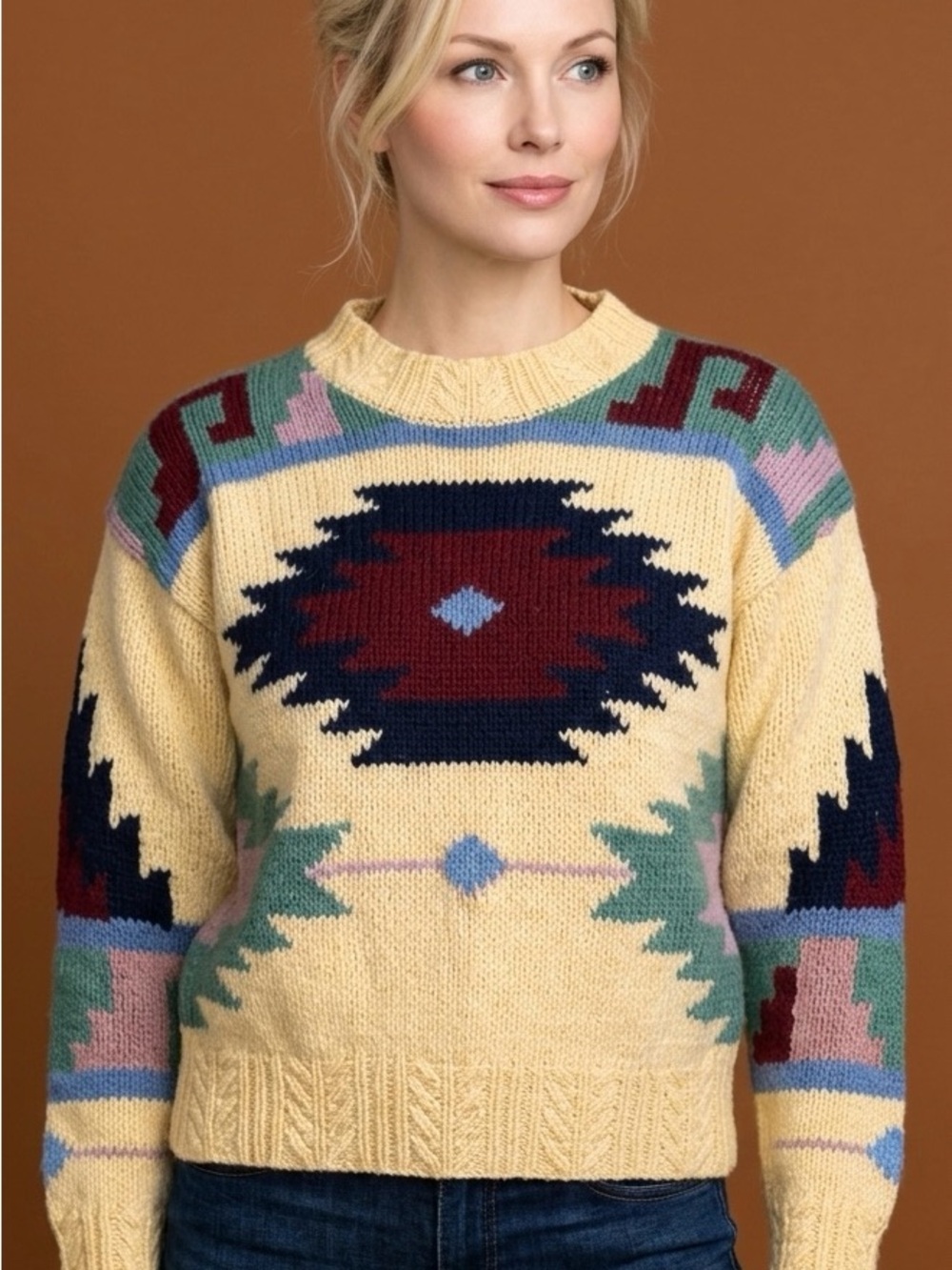 Eatin Attitude Vintage 100% Wool Hand Knit Cream Crewneck Aztec Sweater-M